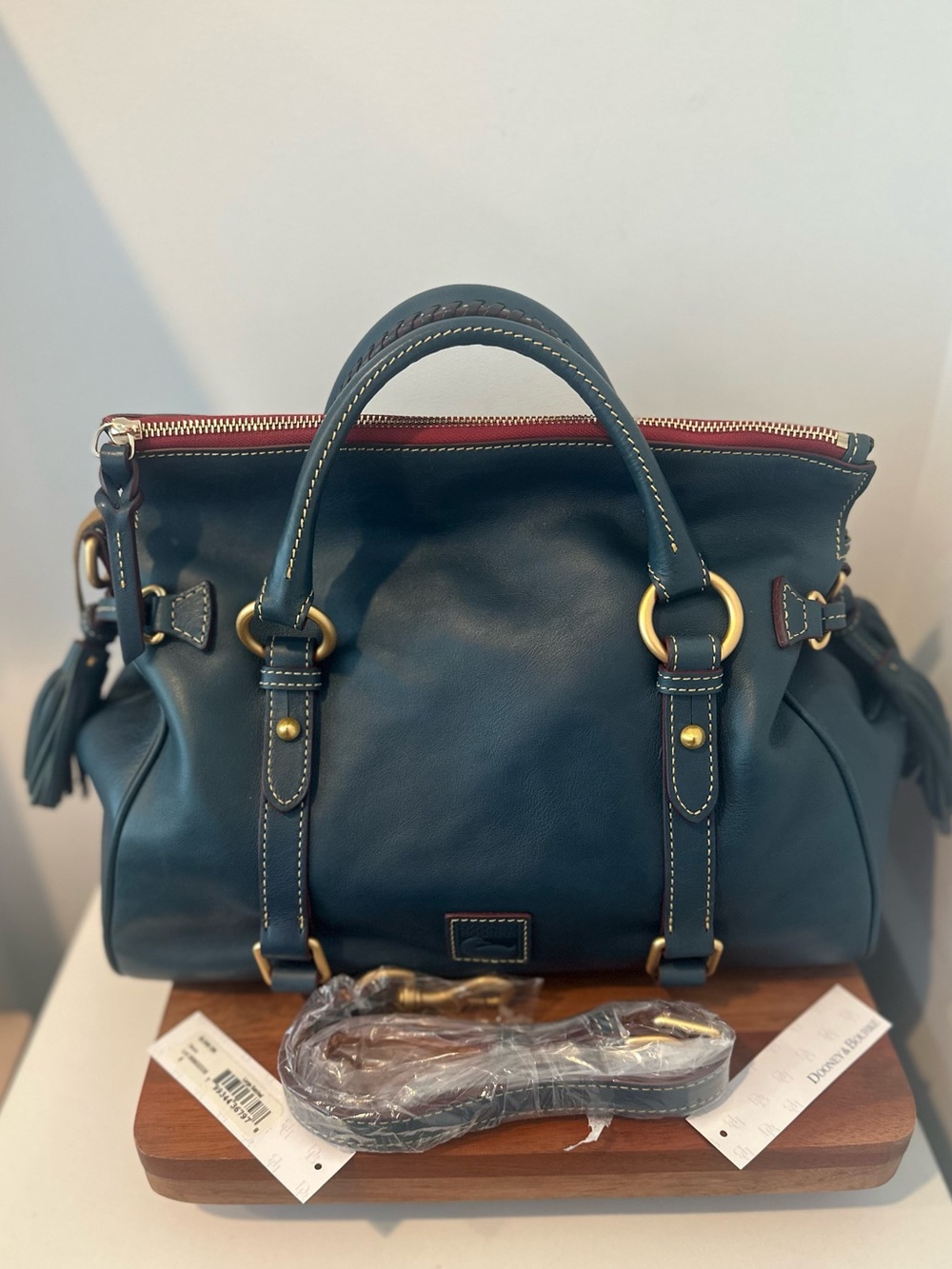 New Dooney & Bourke Florentine Large Italian Vacchetta Leather Blue Satchel